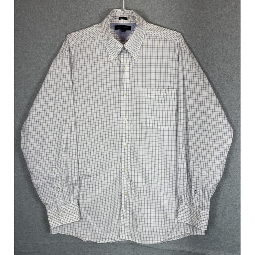 Tommy‎ Hilfiger Shirt Mens 16.5 34/35 White Blue Plaid Regular Fit Button Down
